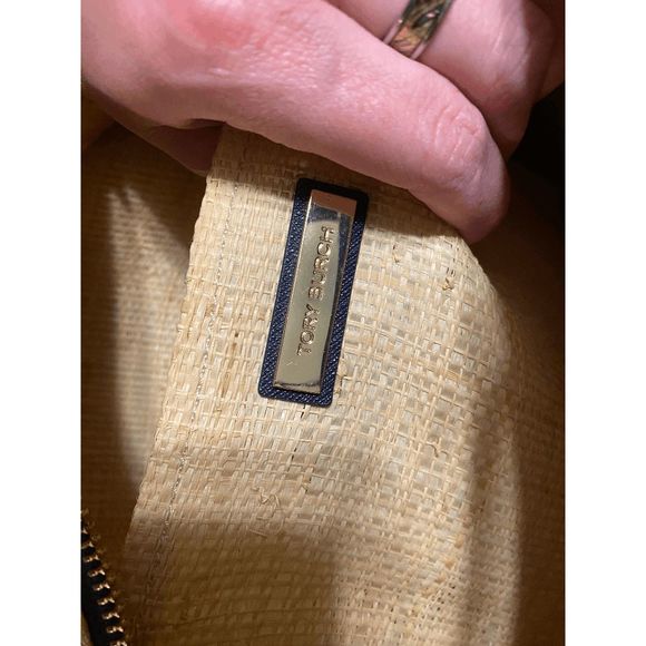 Tory Burch Raffia Navy Striped Straw Double Strap Tote Bag, Authentic - Picture 2 of 8